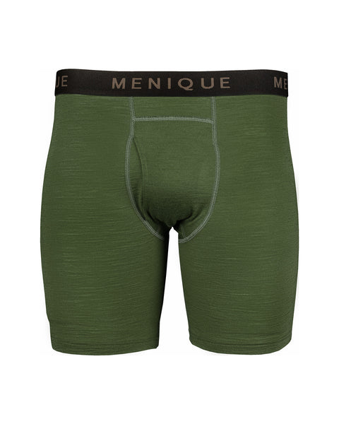 La ropa interior tipo bóxer para hombre de Menique en color verde oscuro, fondo blanco.
