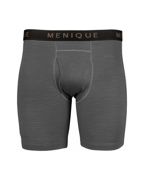 La ropa interior tipo bóxer para hombre de Menique en color gris perfecto, fondo blanco.