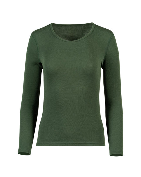 the menique long sleeve 250gsm women's merino top in dark green color, front view.