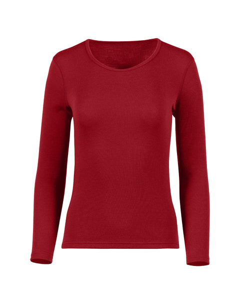 The menique women's long sleeve 250gsm merino top in royal cherry color, front view.