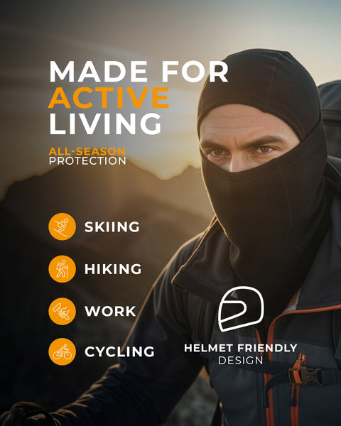 Persona con casco con texto sobre vida activa y características del producto.