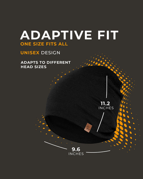 Black beanie with measurements on a dark background, highlighting 'Adaptive Fit' features.
