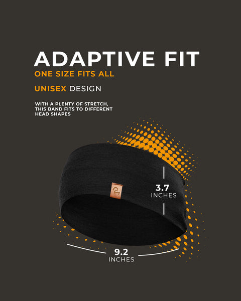 Cinta negra para la cabeza con detalles de medidas sobre un fondo oscuro