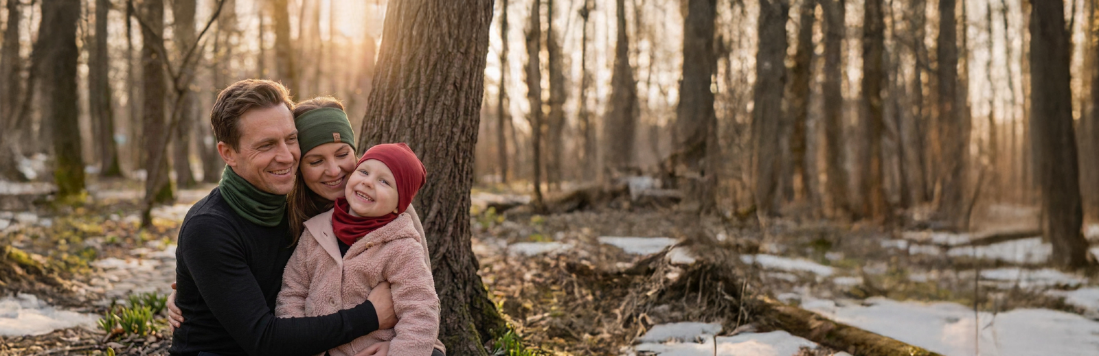 Family wearing merino wool accessories sitting together in a forest during cool weather.