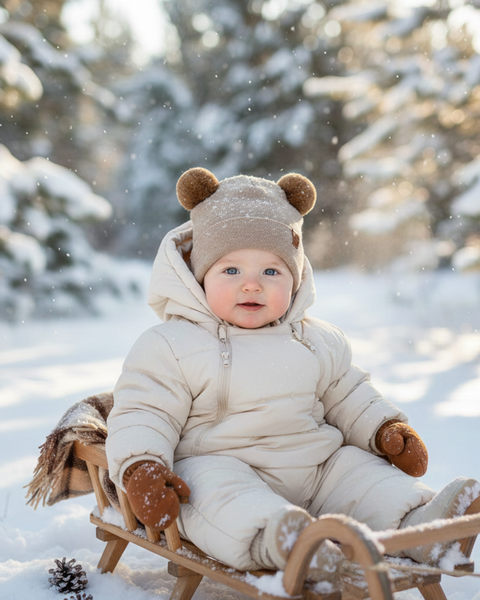 Bebé sentado en un trineo de madera en la nieve, vestido con ropa de invierno beige y gorro