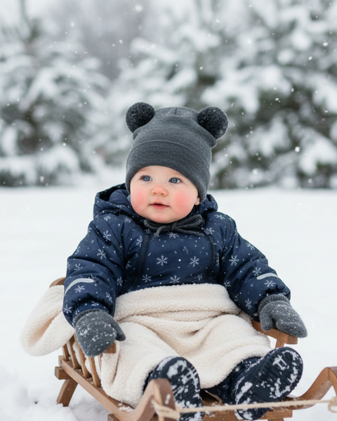 Bebé sentado en un trineo en un bosque nevado, vistiendo un conjunto de invierno azul oscuro y un gorro de lana merina gris oscuro