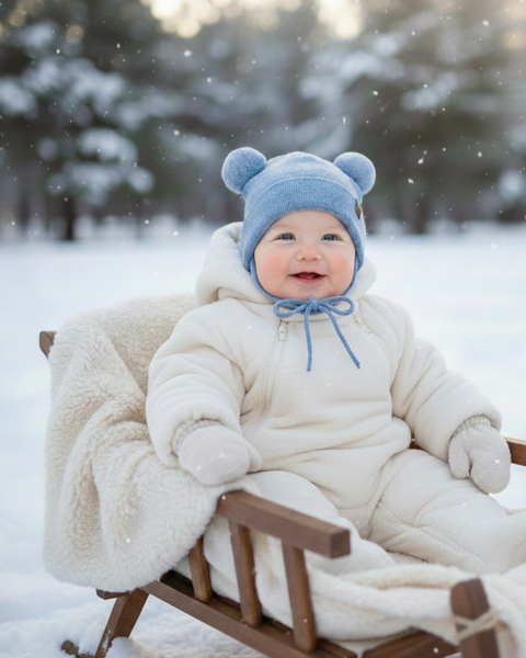 Bebé sonriente al aire libre en invierno con gorro azul claro y ropa abrigada