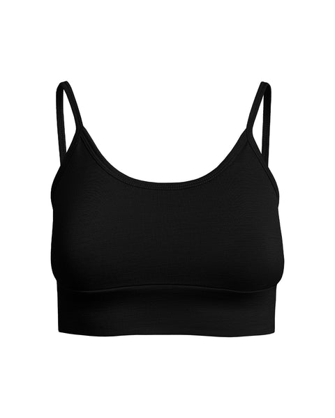 Vista frontal de bralette inalámbrico negro de lana merina con tirantes delgados ajustables.