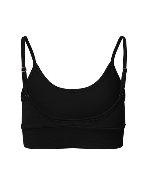Vista trasera de bralette negro de lana merina con tirantes ajustables y diseño sin costuras.