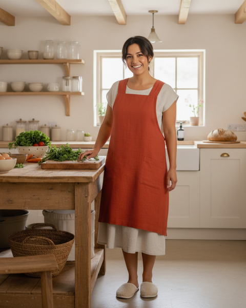 Una mujer de pie y sonriendo en una cocina cálida y rústica mientras lleva un delantal rojo de estilo japonés. Frente a ella hay una isla de madera con verduras y hortalizas picadas.