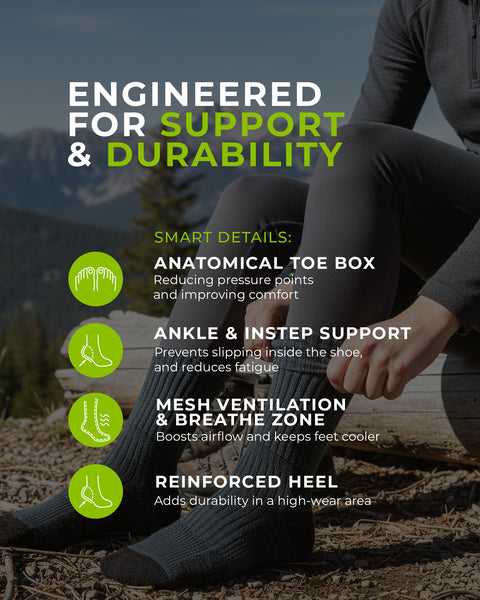 Persona usando calcetines con fondo de montaña y texto sobre las características de los calcetines.