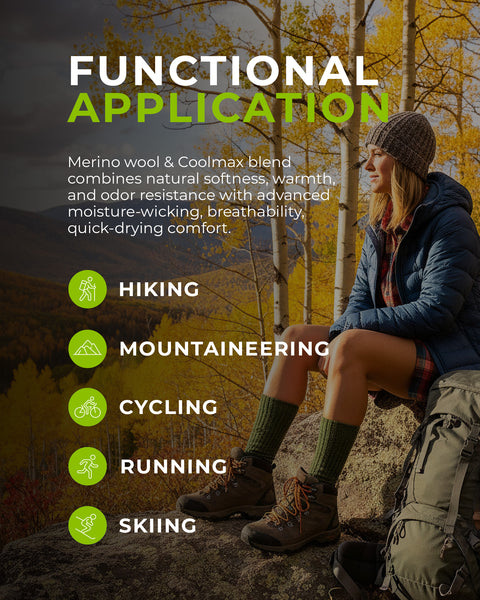 Mujer sentada al aire libre con equipo de senderismo, rodeada de naturaleza, promoviendo el uso funcional de la mezcla de lana merina y Coolmax.