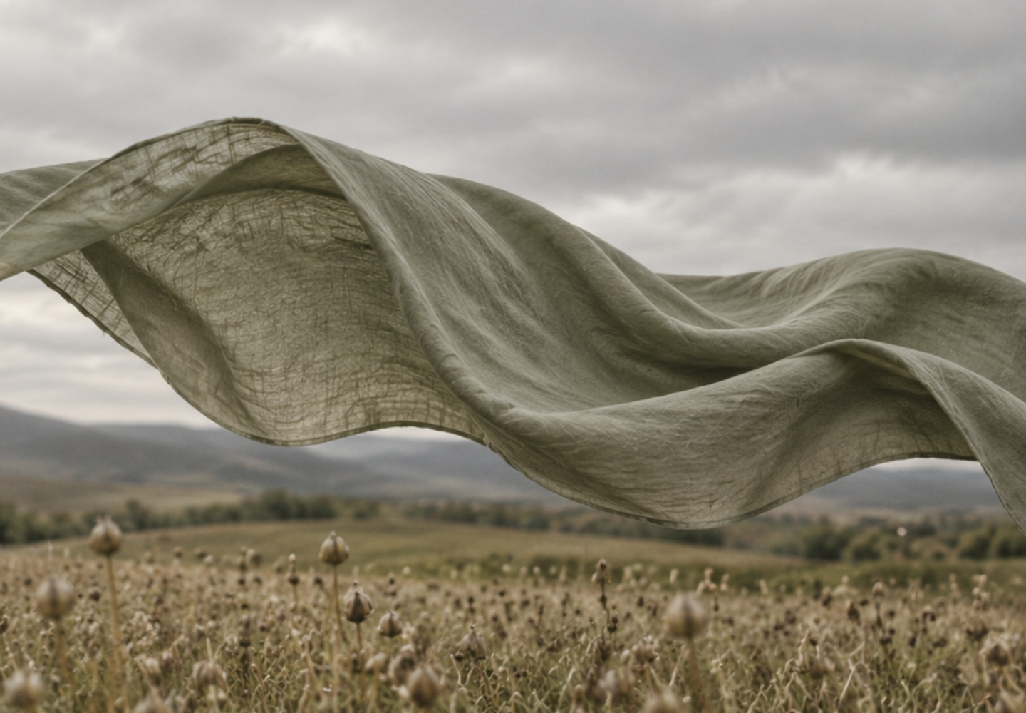 A piece of sage green linen fabric blowing gracefully in the wind above a field of flax, with a cloudy sky and hills in the background.