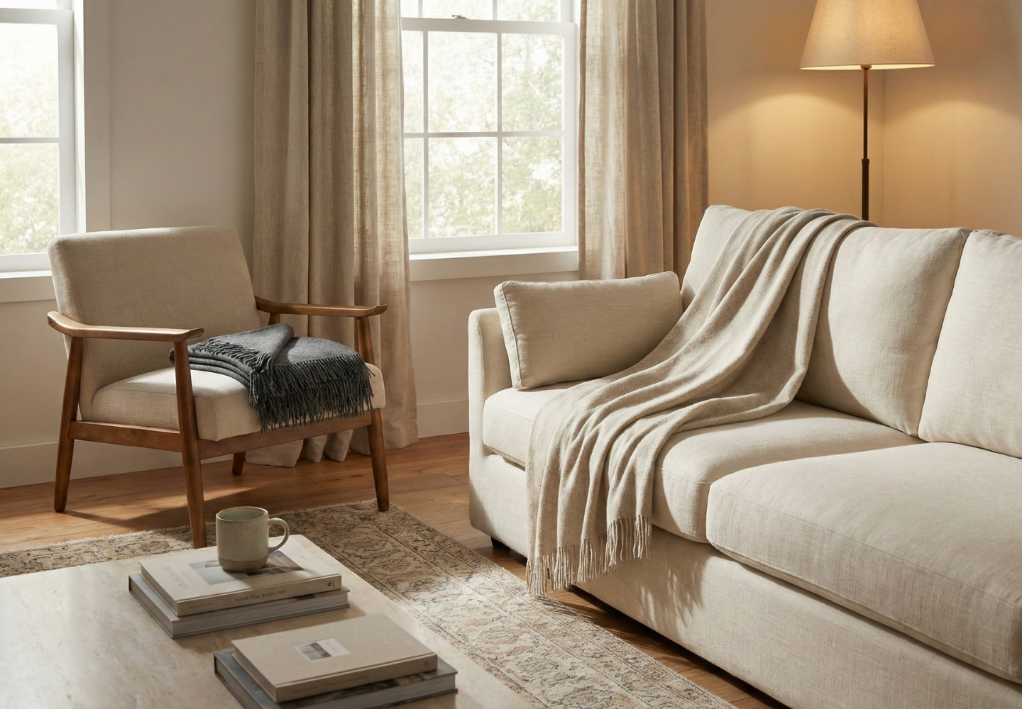 Sala de estar luminosa y acogedora con un sofá y un sillón en tonos neutros, mantas suaves de lana, muebles de madera, una lámpara de pie y luz natural que entra por grandes ventanas, creando un ambiente tranquilo y minimalista en el hogar.