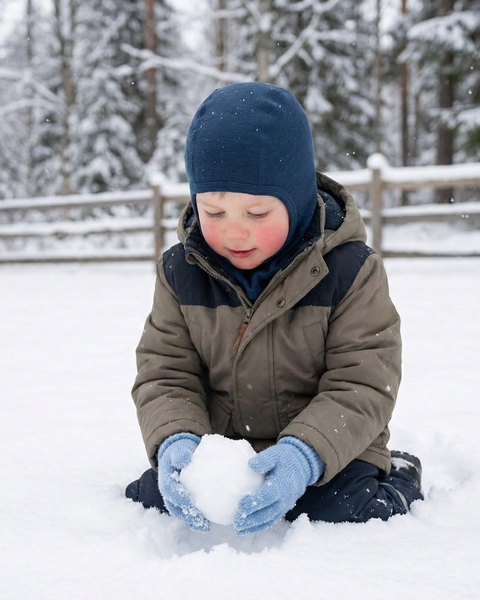 Niño jugando en la nieve con pasamontañas de lana merina azul marino y chaqueta de invierno, sosteniendo una bola de nieve en un entorno nevado al aire libre.
