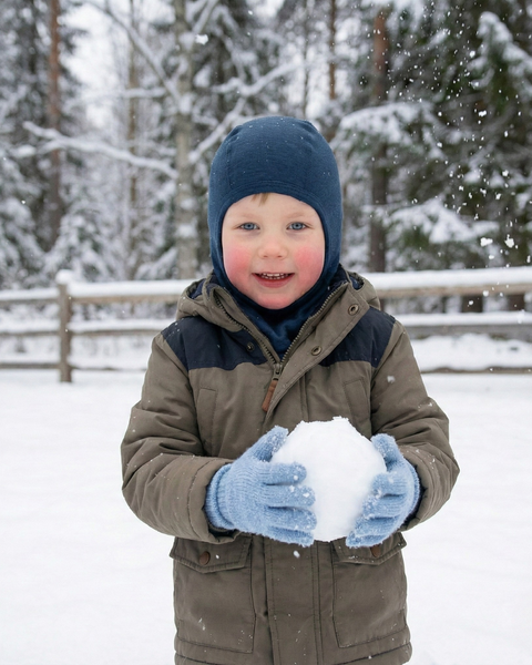 Niño sonriente en invierno con pasamontañas y guantes de lana merina azul, sosteniendo una bola de nieve en un patio nevado.