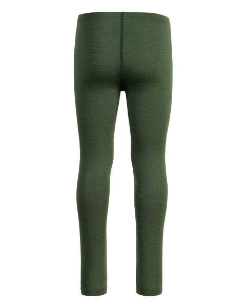 los pantalones menique de merino de 160 g/m² para niños en color verde oscuro, vista trasera.