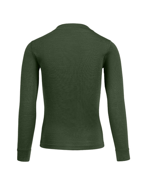 the menique 160gsm kids' merino set of long sleeve top and pants in dark green, back view.