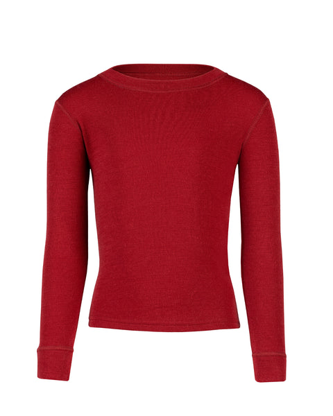 Front view of the kids' menique merino 250gsm long sleeve top, in royal cherry color, white background.