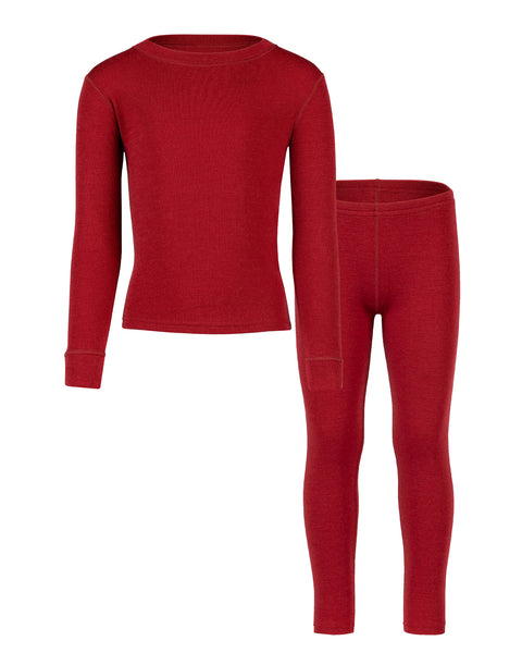 Front view of the kids' menique merino 250gsm two piece set of long sleeve top and pants, in royal cherry color, white background.