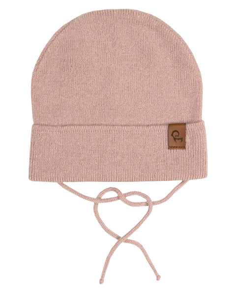 Soft pink baby knit beanie with adjustable strings, cashmere blend hat with fold-up brim and brand label - menique