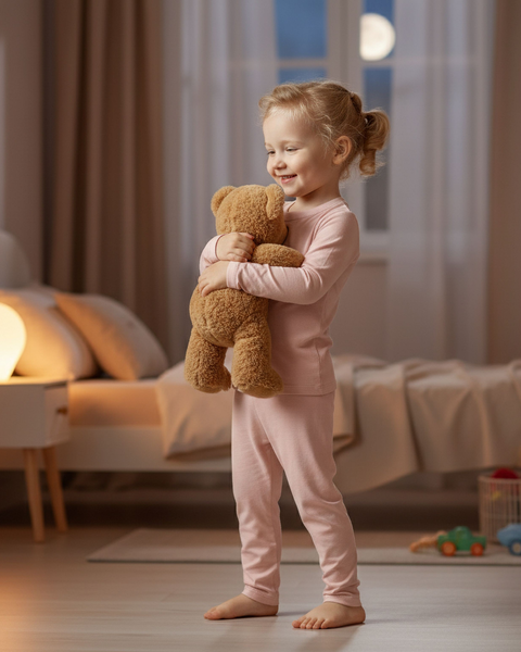 Un niño pequeño con pijama rosa claro sonríe mientras abraza un oso de peluche marrón en un dormitorio con luz tenue. Una cama con ropa de cama blanca y una lámpara de mesita de noche crean un ambiente acogedor para la noche.