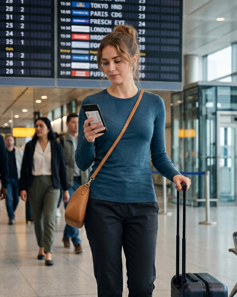 A young woman standing in a busy airport terminal, looking down at her smartphone. She is wearing a blue long-sleeved top, dark pants, and a tan leather crossbody bag. She is holding the extended handle of a dark rolling suitcase with one hand. A large digital flight departures board and several blurred travelers are visible in the background.