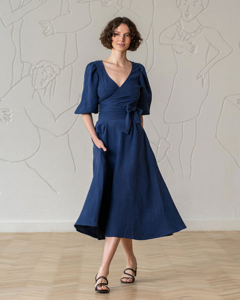 Falda midi fluida de lino Evelyn azul tormenta