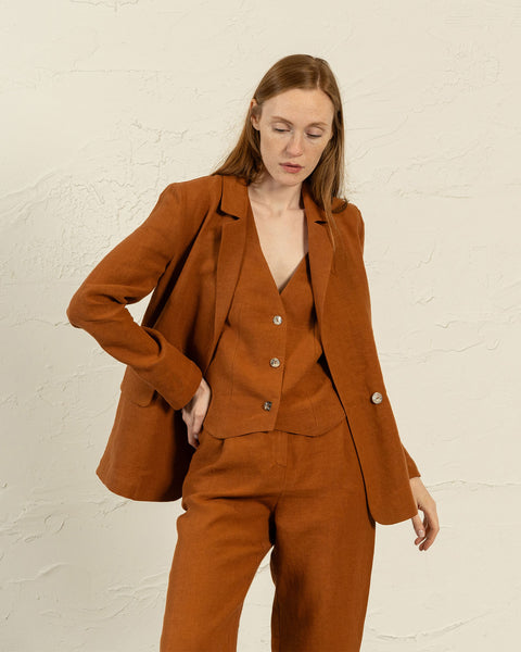 Linen vest Ava in almond brown color paired with Linen pleated pants Lotus and linen jacket Quin in almond brown color