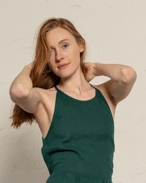 Vestido con tirantes de lino Soleil verde oscuro