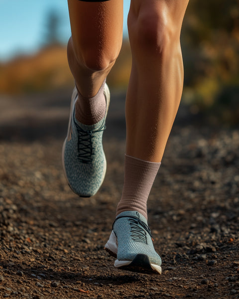 una mujer corriendo, usando los calcetines de algodón para mujer de menique en color beige.