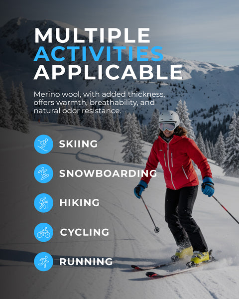 Person skiing with text about merino wool's benefits and activities it can be used for.