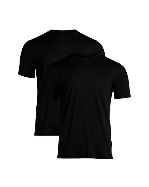 Dos camisetas negras de manga corta para hombre, de lana merina ligera de 160 g/m², con cuello redondo clásico, perfectas para el uso diario, viajes o para llevar en capas.