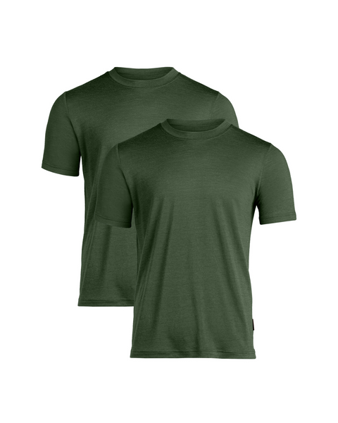 Dos camisetas de manga corta para hombre en verde oscuro, hechas de lana merina, transpirables y resistentes al olor, diseñadas para ofrecer comodidad y versatilidad.