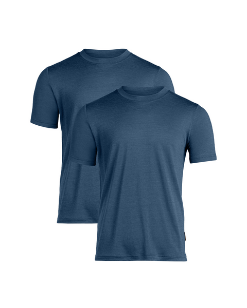 Dos camisetas de hombre de manga corta en azul vaquero, de lana merina, suaves, que absorben la humedad y son ideales para uso casual o activo.
