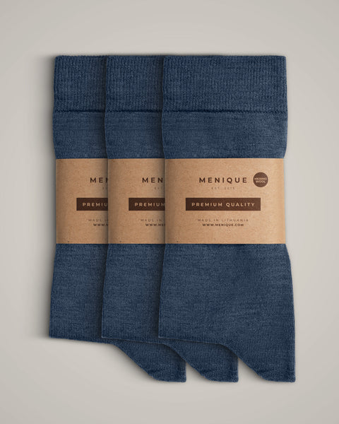 Calcetines finos de lana merina para hombre, paquete de 3 en azul: comodidad diaria transpirable, que absorbe la humedad y duradera.