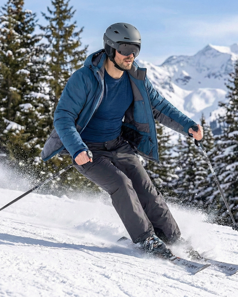 Hombre esquiando cuesta abajo en una montaña nevada, vistiendo un conjunto de capa base de lana merina azul vaquera bajo una chaqueta de esquí, con árboles perennes y picos alpinos al fondo.