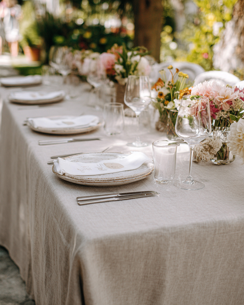 Mantel de lino natural para mesa de celebración al aire libre con arreglos florales y cristalería.