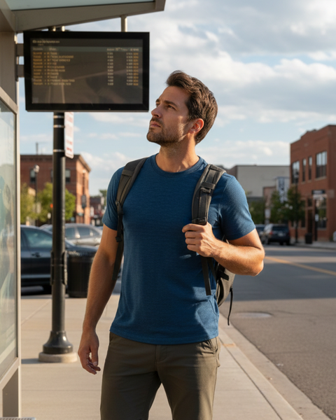 Hombre con camiseta azul de merino en una parada de autobús de la ciudad con mochila