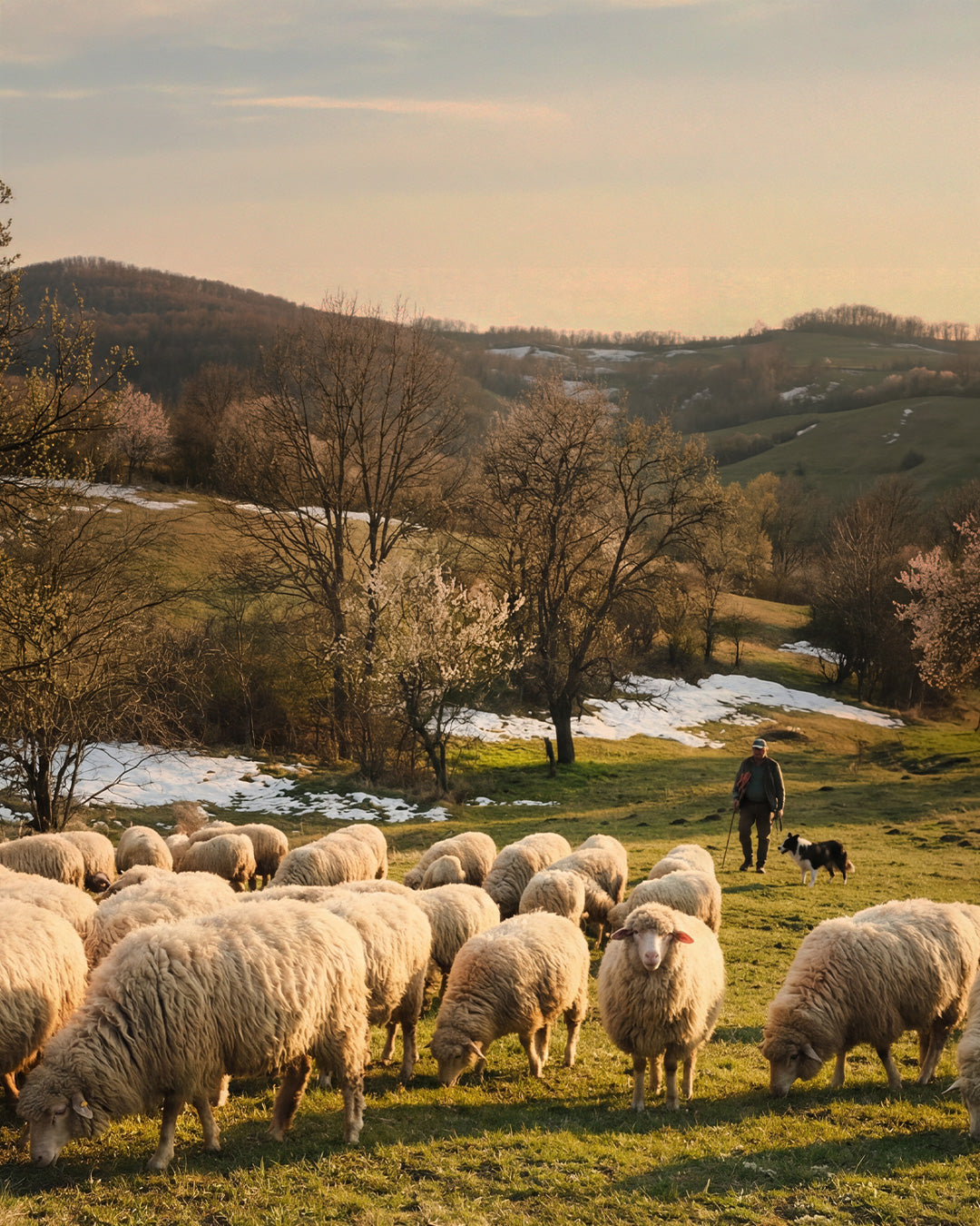 Flock of merino sheep grazing in a mountain meadow at sunset, natural source of high-quality merino wool.