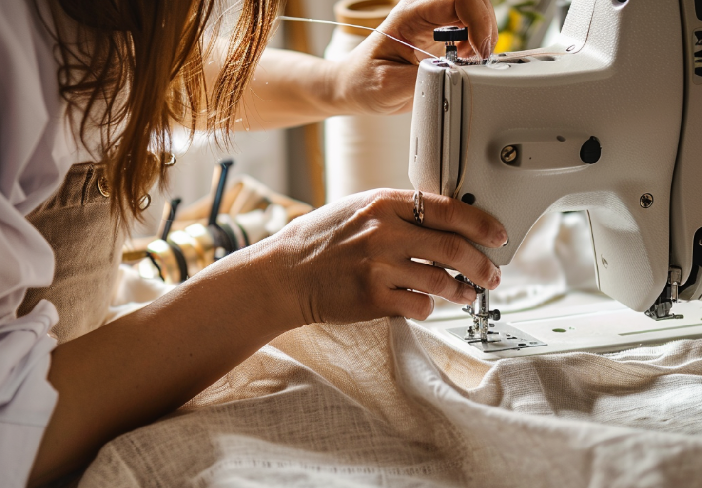 Primer plano de una mujer cosiendo tela de lino beige en una máquina de coser industrial, con carretes de hilo y luz natural al fondo.