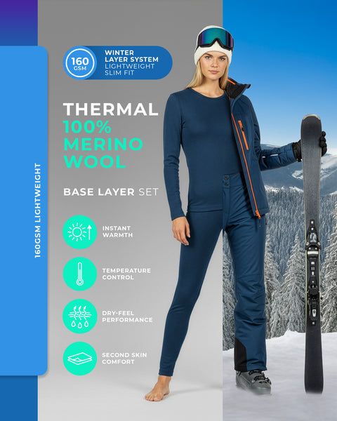 Conjunto base para mujer de lana merina azul vaquero, ropa interior térmica ligera de 160 GSM para deportes de invierno y para usar en capas