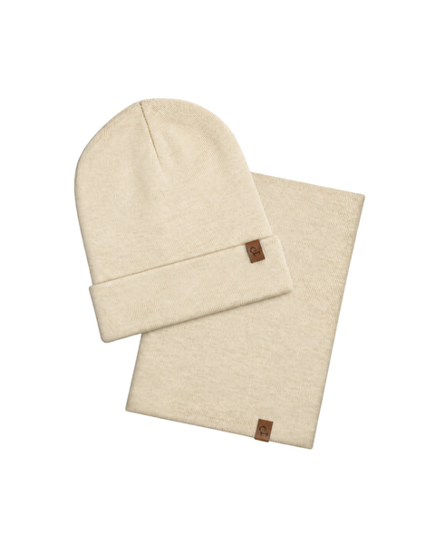 Flat lay set showing a folded natural beanie and a matching natural neck gaiter.
