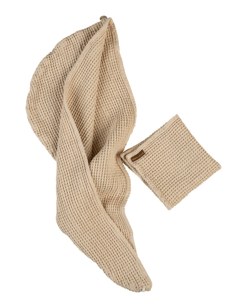 Juego de 2 paños de lavado y toalla para el cabello en color marrón arena