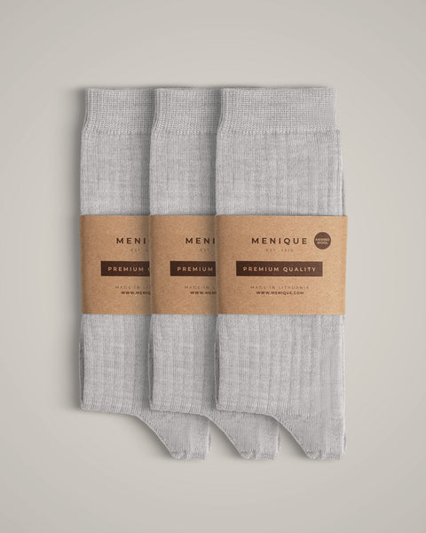 Calcetines finos acanalados para mujer 85 % lana merina, paquete de 3 en gris claro – calcetines suaves, que absorben la humedad y cómodos.