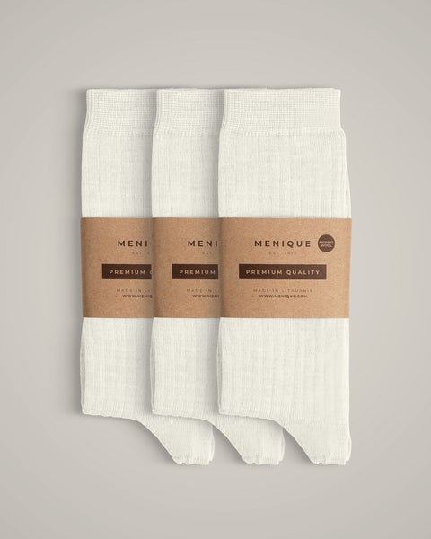 Calcetines finos de canalé para mujer, 85 % lana merina, paquete de 3 en blanco natural – calcetines de lana sostenibles, finos y elegantes para el día a día.