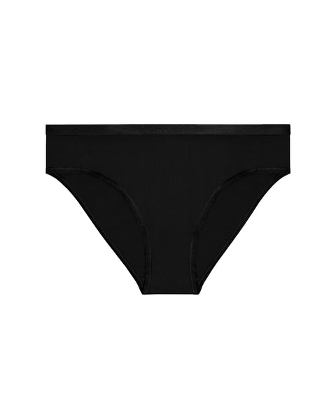 A flat-lay product shot of women's bikini-style underwear in a black color. It features a contrasting black elastic waistband and black trim around the leg openings. The background is pure white.