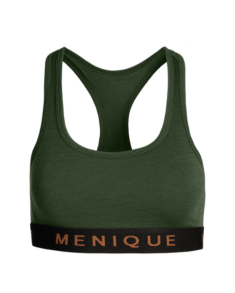 El sujetador deportivo para mujer de menique en color verde oscuro, vista frontal, sobre fondo blanco.