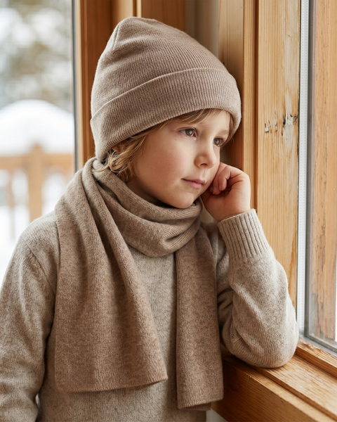 A young child looking thoughtfully out a window at a snowy landscape. The child is wearing a matching light beige ribbed knit beanie and scarf over a coordinating beige sweater.