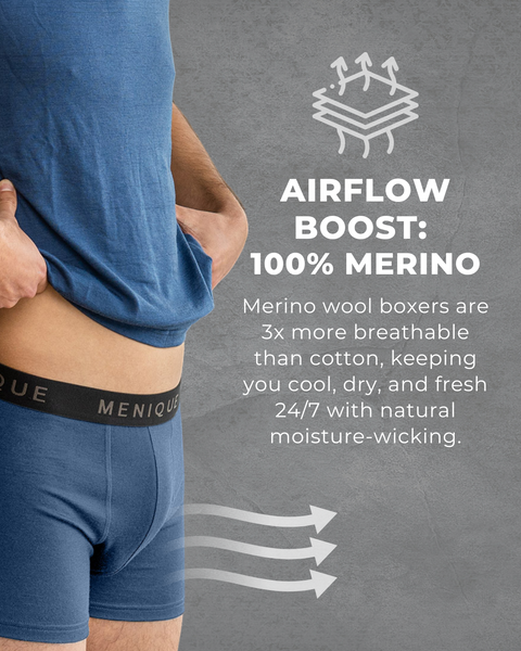 Primer plano de un hombre vistiendo calzoncillos bóxer azules de lana merina Menique con el texto «Impulso de ventilación: 100 % Merino», destacando la transpirabilidad y la absorción natural de la humedad.